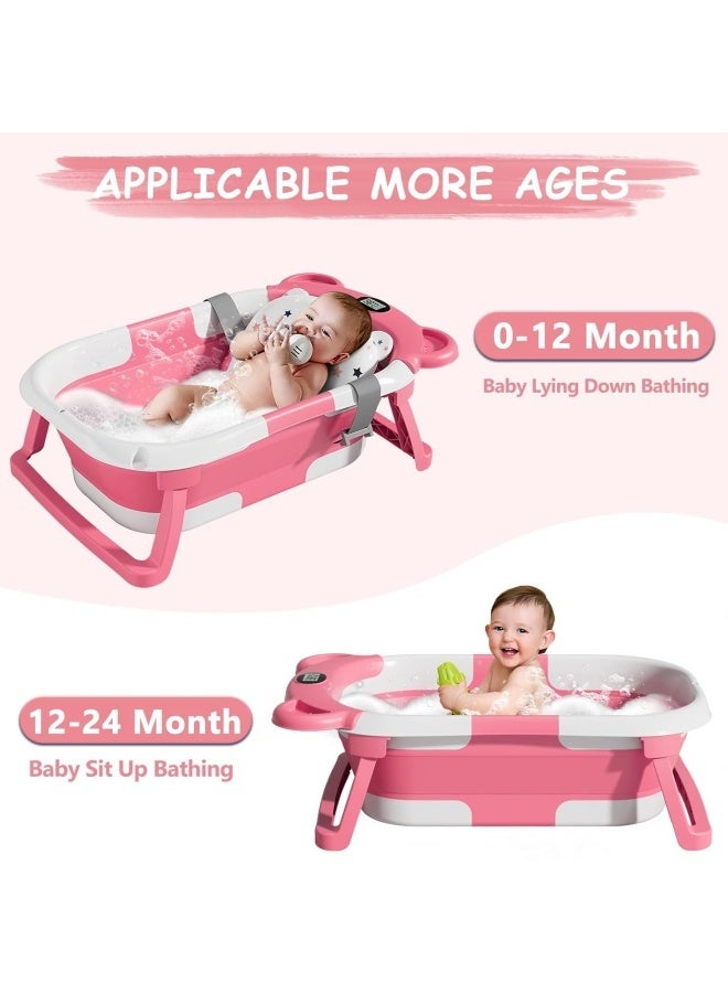 سانتين رايلي حوض استحمام أطفال قابل للطي ومحمول للسفر (وردي) مزود بـوسادة ناعمة ومقياس حرارة رقمي يعمل في الوقت الفعلي. مناسب للمواليد الجدد والأطفال الصغار من عمر 0 إلى 36 شهرًا. - Image 3